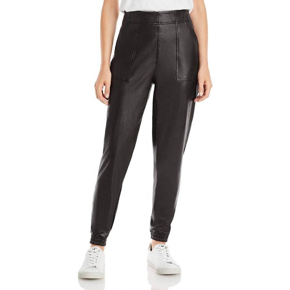 NWOT Spanx Faux Leather Joggers Metallic Black High Waist Tapered Pants Womens M